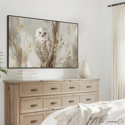 White Owl Tree Branch Frame TV Art displayed on a TV
