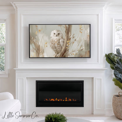 White Owl Tree Branch Frame TV Art displayed on a TV