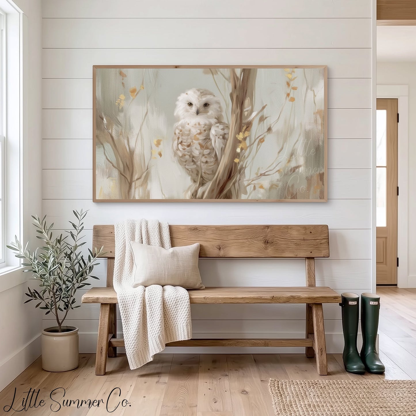 White Owl Tree Branch Frame TV Art displayed on a TV