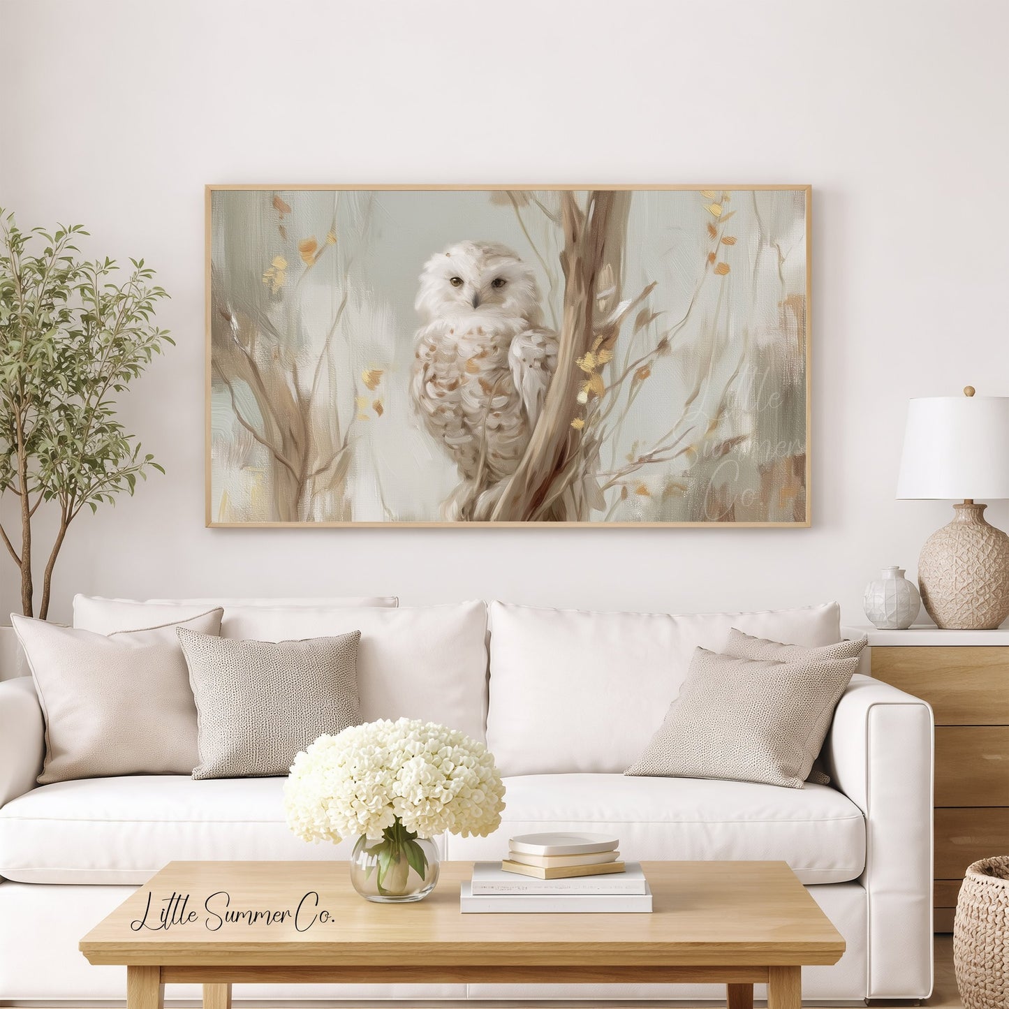 White Owl Tree Branch Frame TV Art displayed on a TV