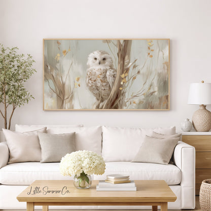 White Owl Tree Branch Frame TV Art displayed on a TV