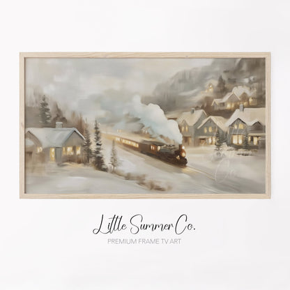 Snowy Village Train Frame TV Art displayed on a TV