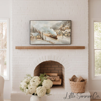 Snowy Village Train Frame TV Art displayed on a TV