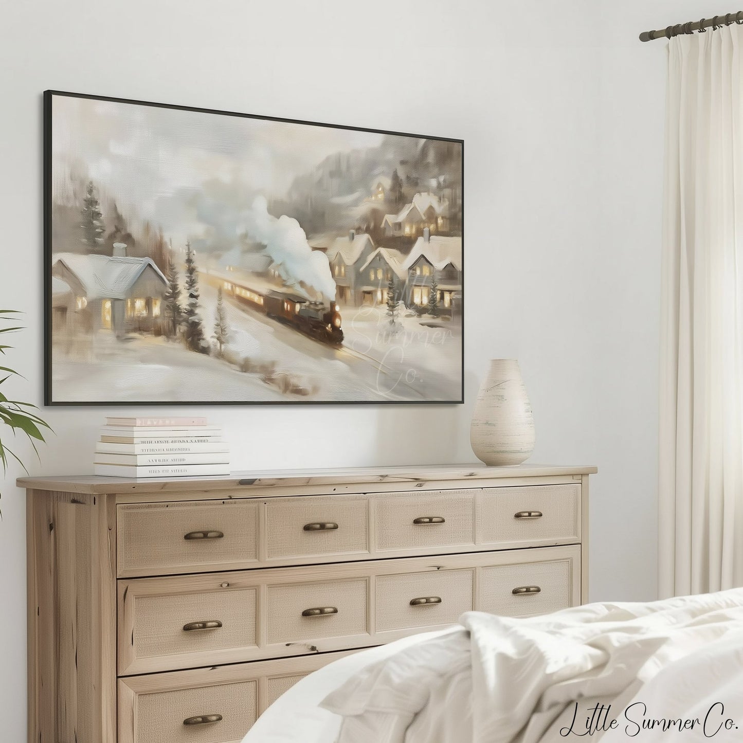 Snowy Village Train Frame TV Art displayed on a TV