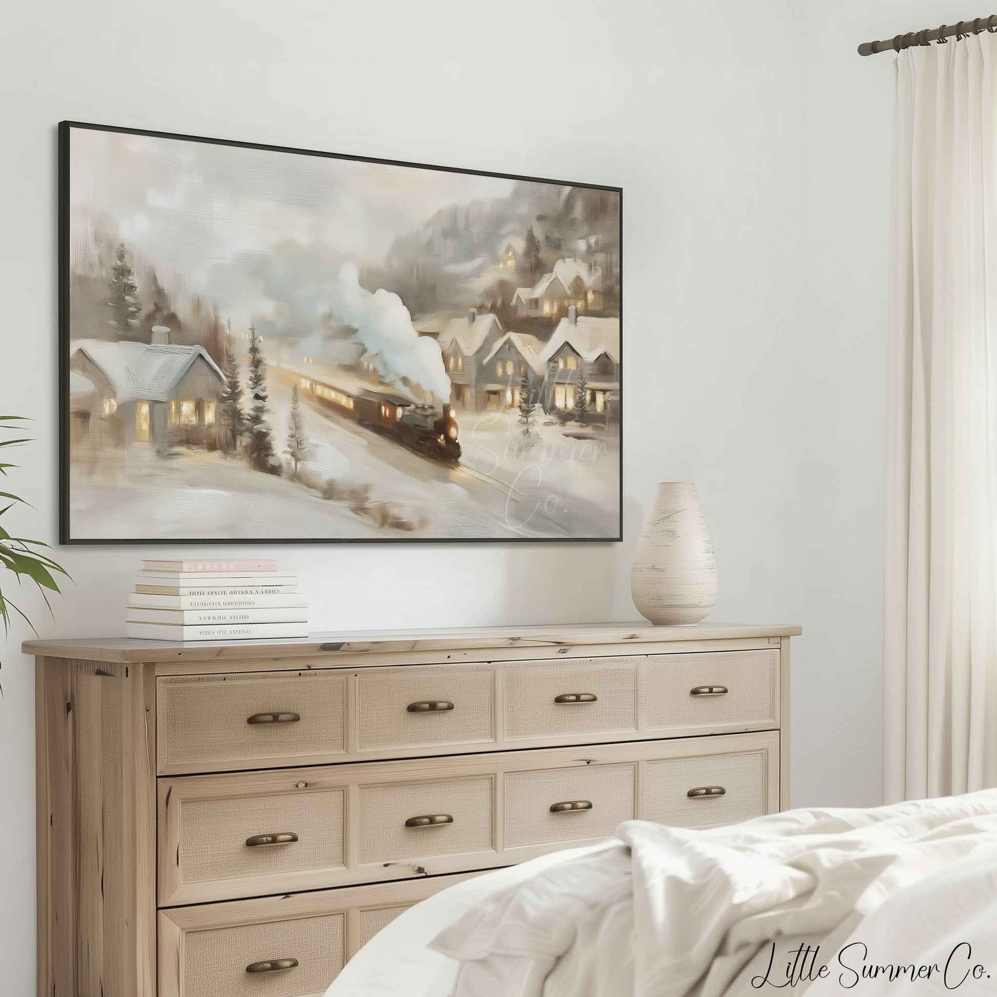 Snowy Village Train Frame TV Art displayed on a TV