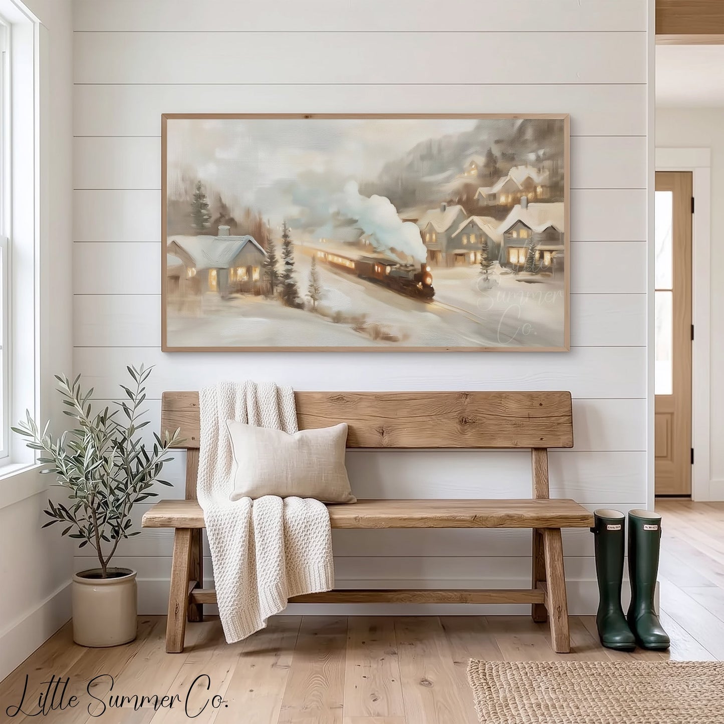 Snowy Village Train Frame TV Art displayed on a TV