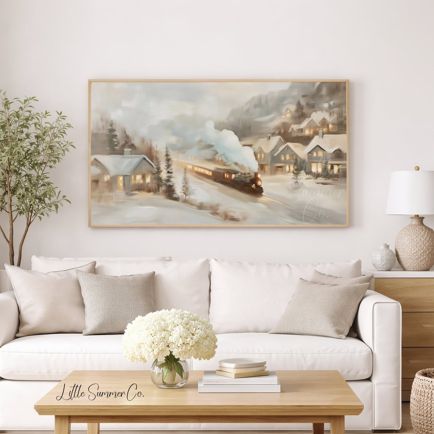 Snowy Village Train Frame TV Art displayed on a TV