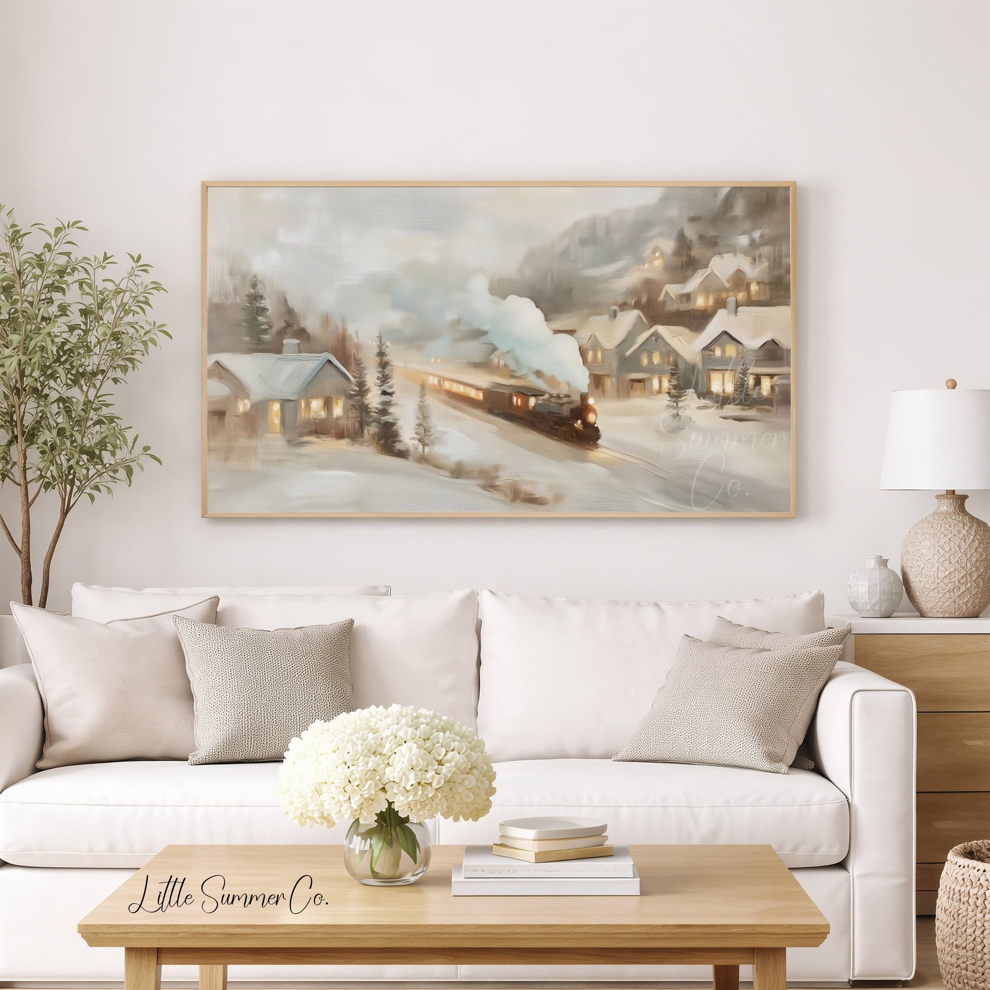Snowy Village Train Frame TV Art displayed on a TV