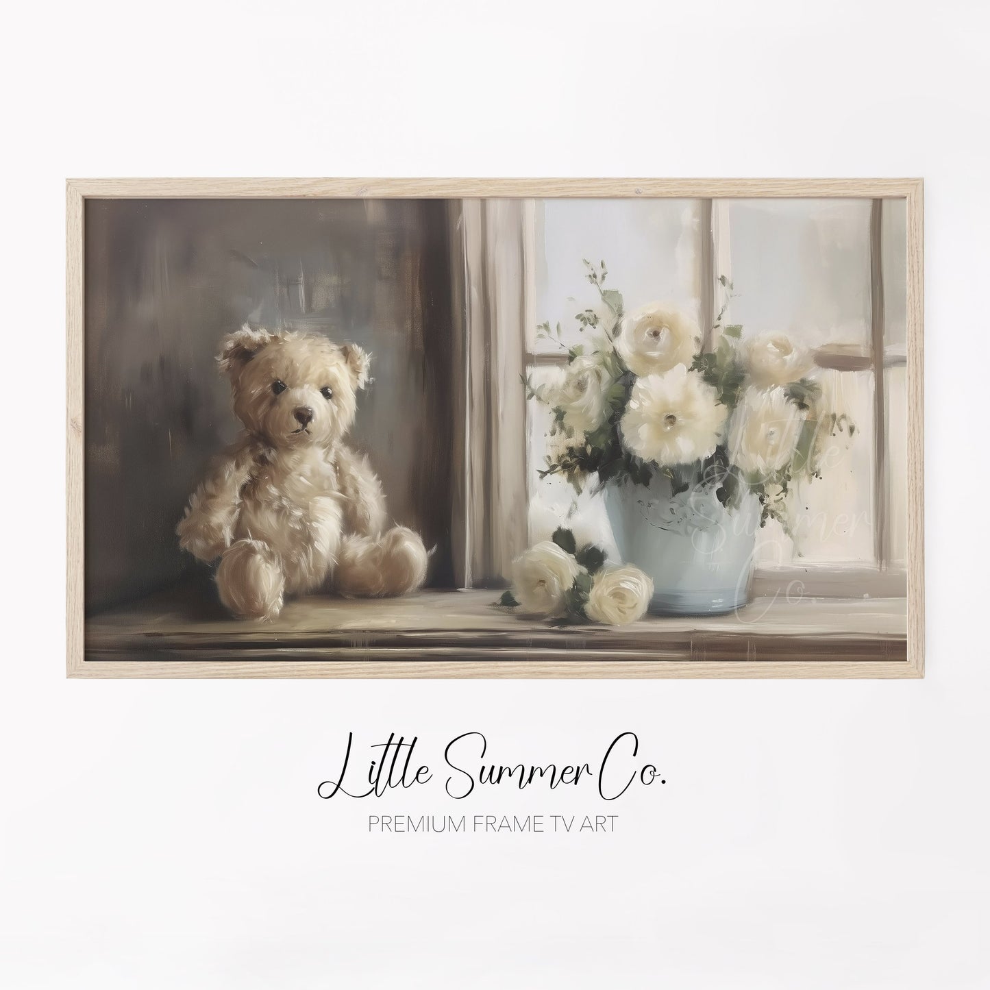 Teddy Bear White Flowers Frame TV Art displayed on a TV