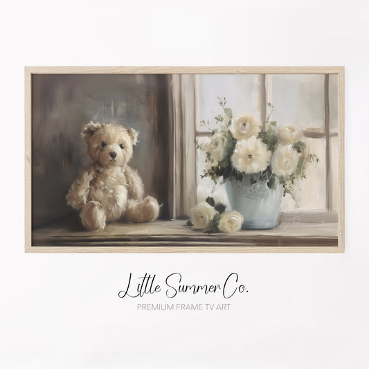 Teddy Bear White Flowers Frame TV Art displayed on a TV