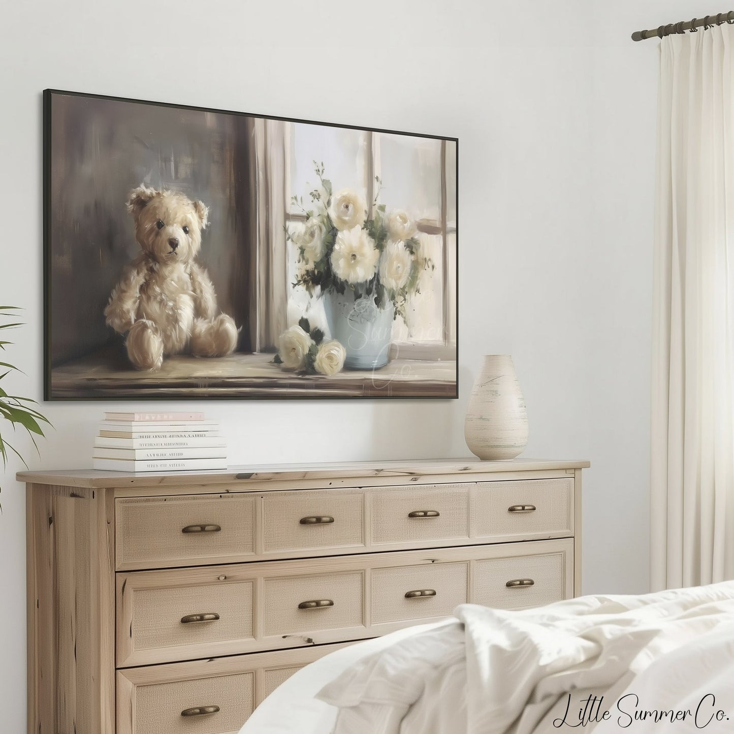 Teddy Bear White Flowers Frame TV Art displayed on a TV