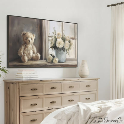 Teddy Bear White Flowers Frame TV Art displayed on a TV