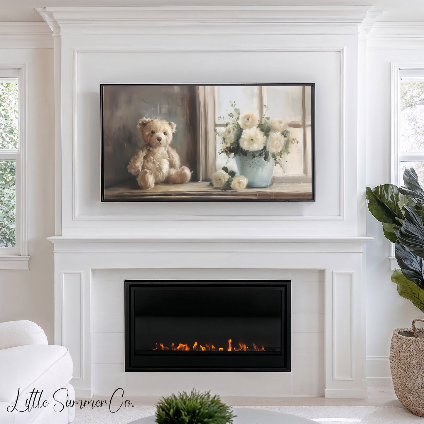 Teddy Bear White Flowers Frame TV Art displayed on a TV