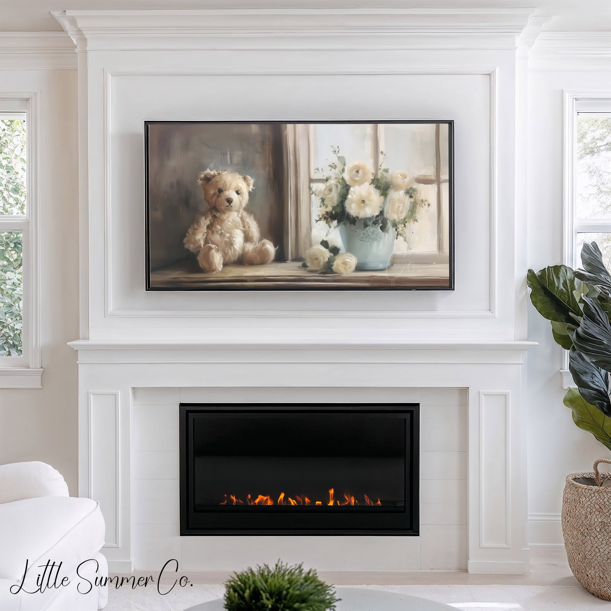 Teddy Bear White Flowers Frame TV Art displayed on a TV