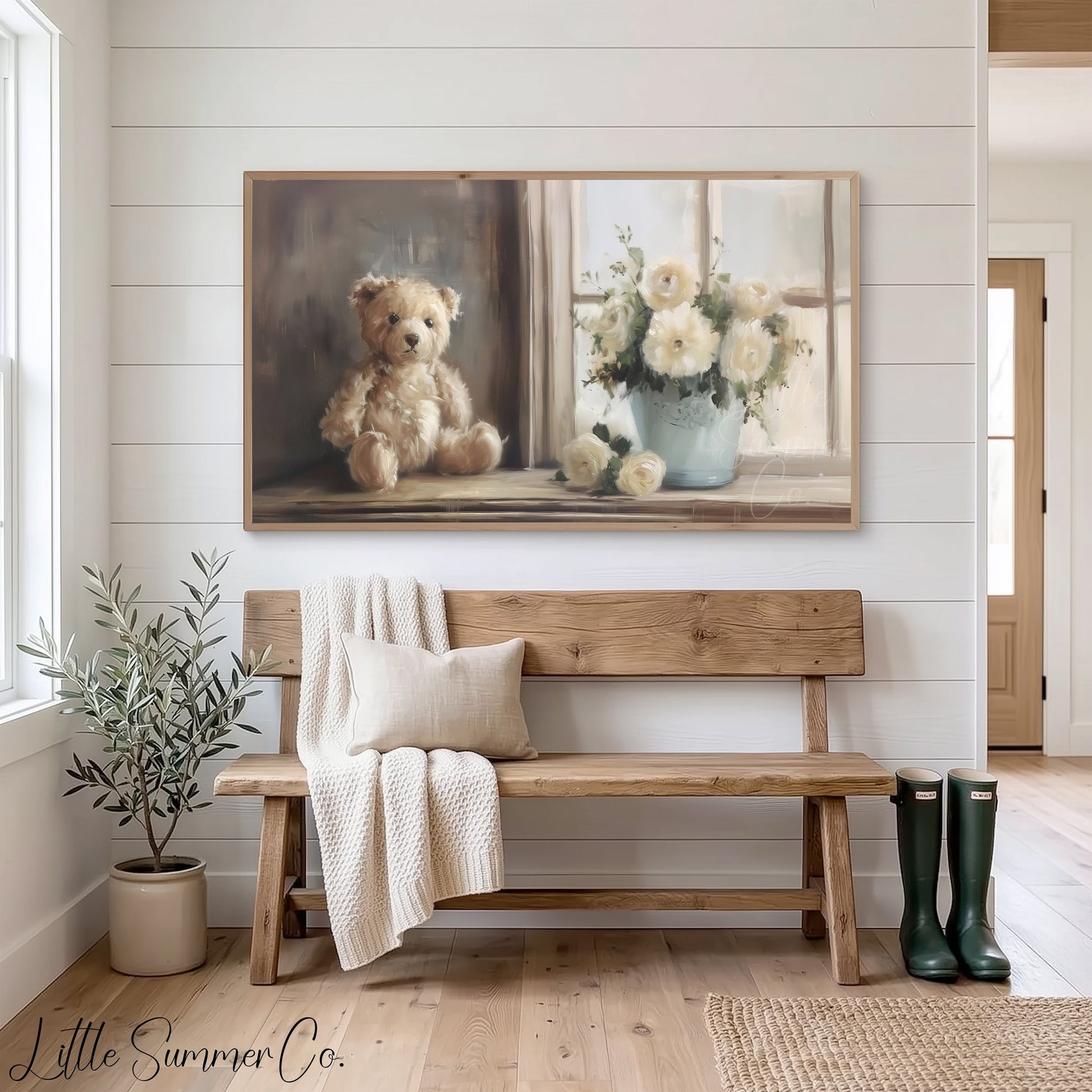 Teddy Bear White Flowers Frame TV Art displayed on a TV