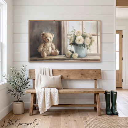 Teddy Bear White Flowers Frame TV Art displayed on a TV