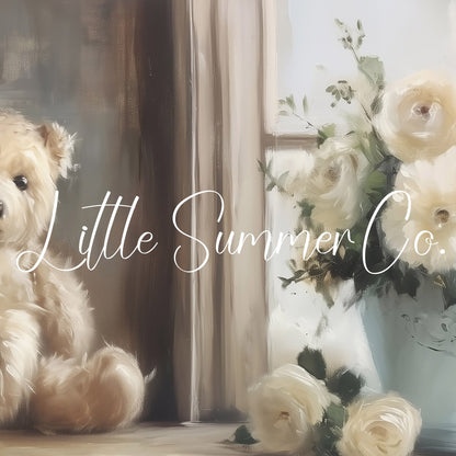 Teddy Bear White Flowers Frame TV Art displayed on a TV