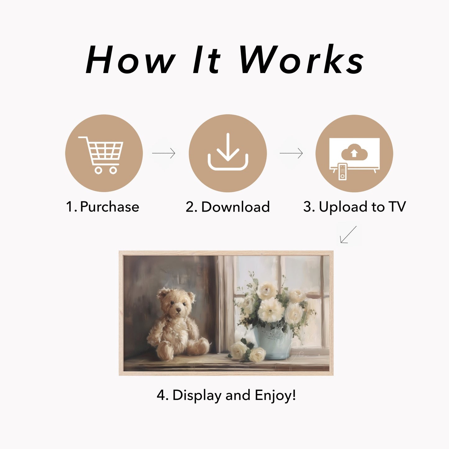 Teddy Bear White Flowers Frame TV Art displayed on a TV