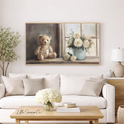 Teddy Bear White Flowers Frame TV Art displayed on a TV