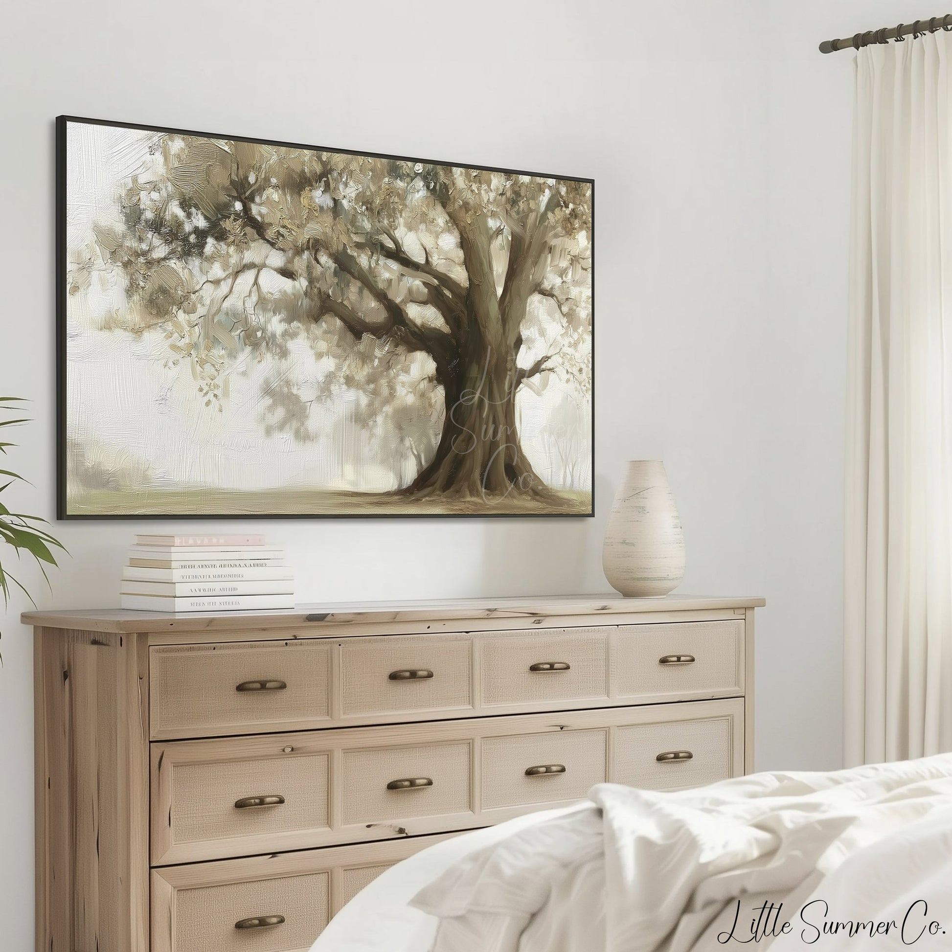 Ancient Oak Tree in Mist Frame TV Art displayed on a TV