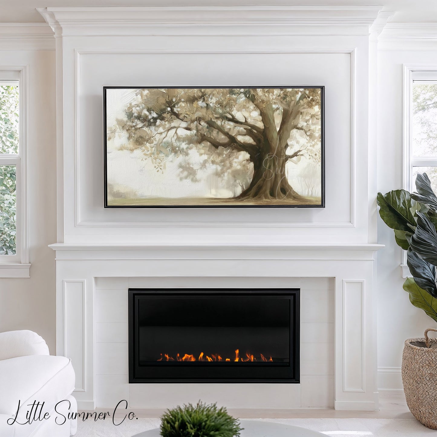Ancient Oak Tree in Mist Frame TV Art displayed on a TV