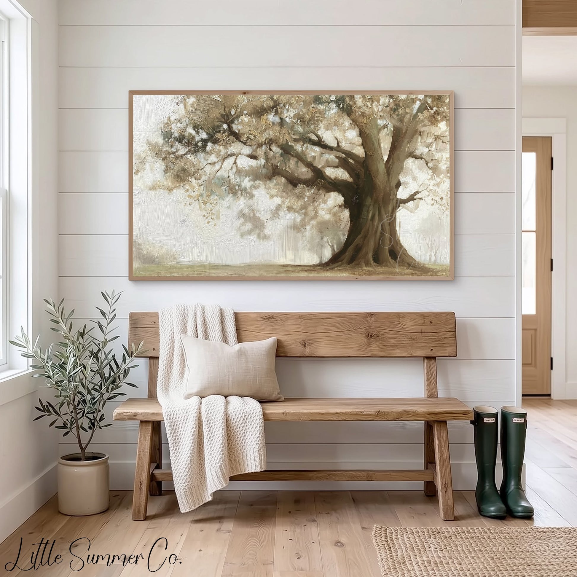 Ancient Oak Tree in Mist Frame TV Art displayed on a TV