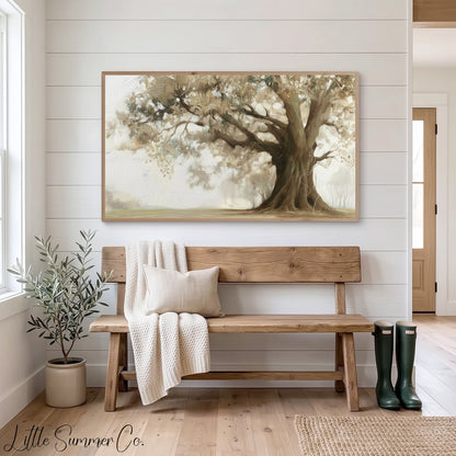 Ancient Oak Tree in Mist Frame TV Art displayed on a TV