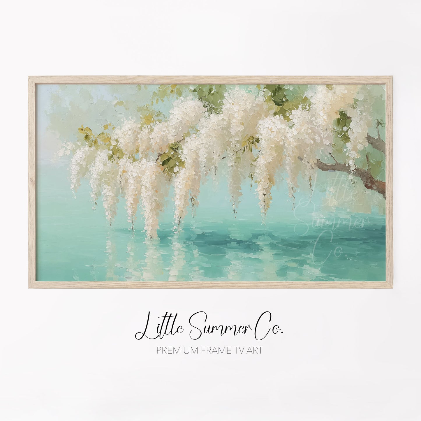 White Wisteria Teal Pond Reflection Frame TV Art displayed on a TV