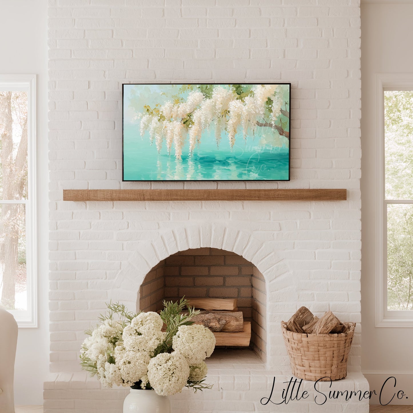 White Wisteria Teal Pond Reflection Frame TV Art displayed on a TV