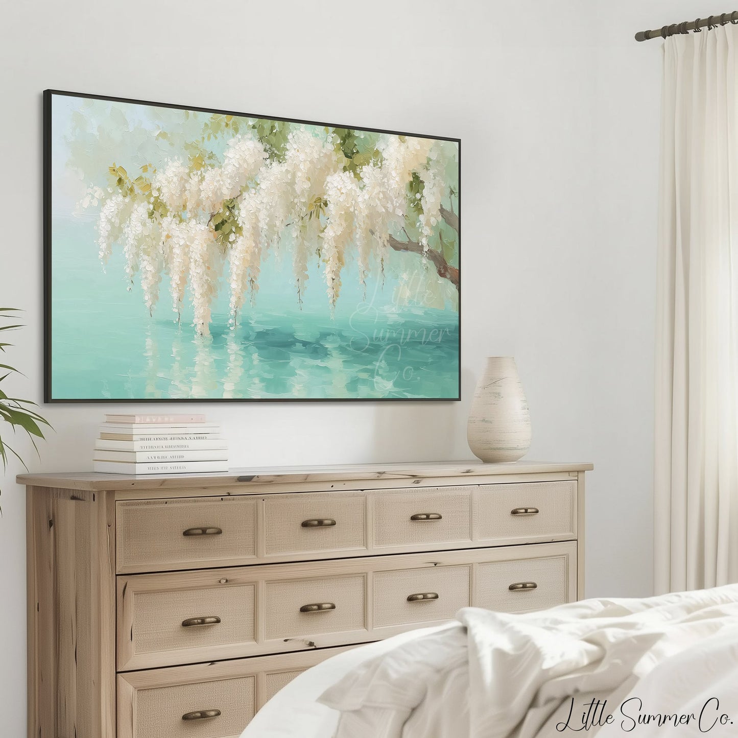White Wisteria Teal Pond Reflection Frame TV Art displayed on a TV