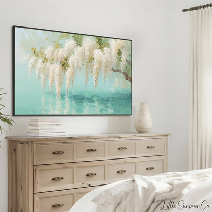White Wisteria Teal Pond Reflection Frame TV Art displayed on a TV