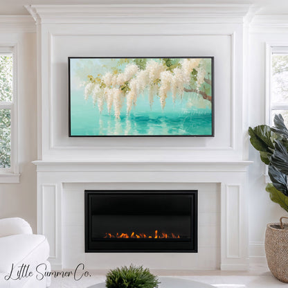 White Wisteria Teal Pond Reflection Frame TV Art displayed on a TV