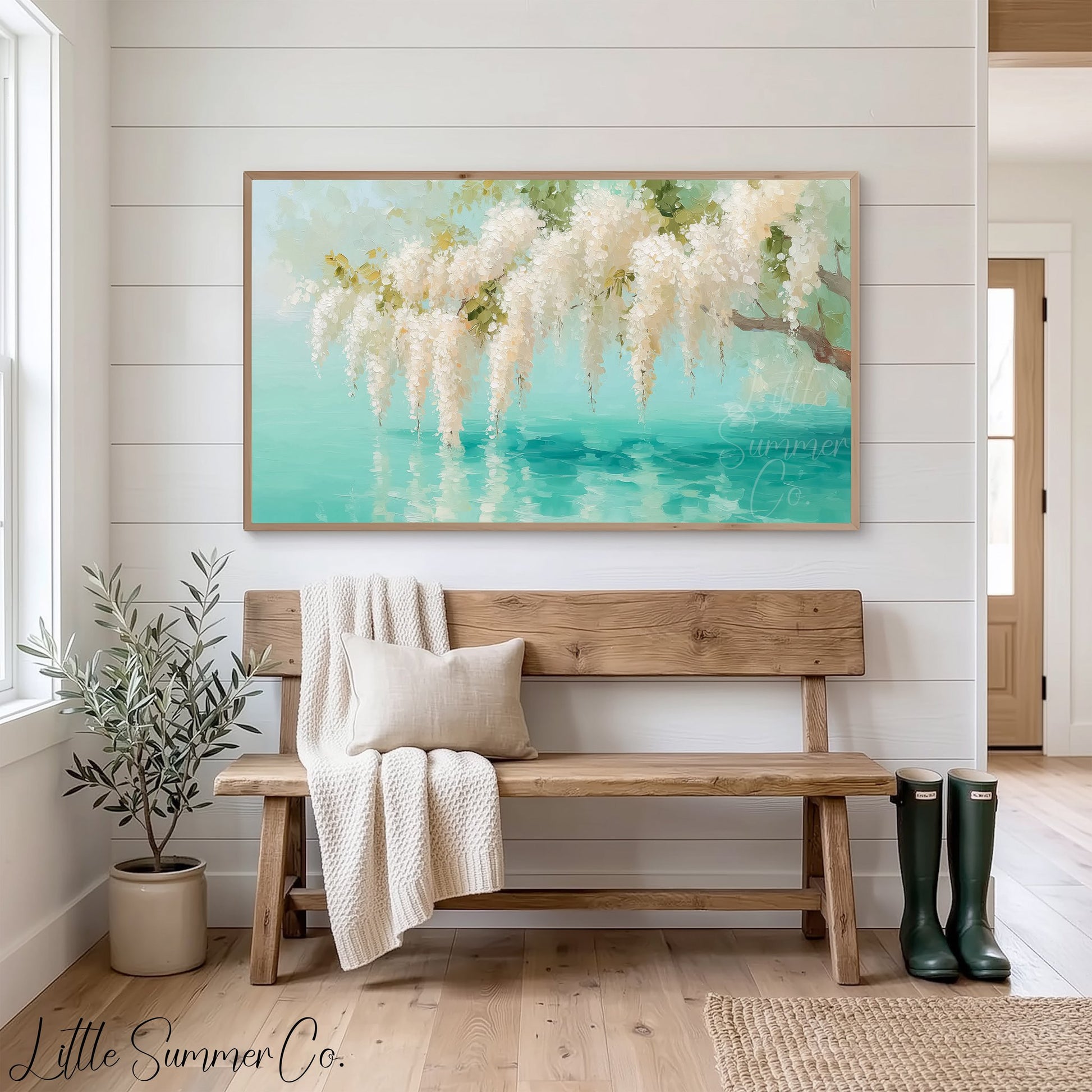 White Wisteria Teal Pond Reflection Frame TV Art displayed on a TV