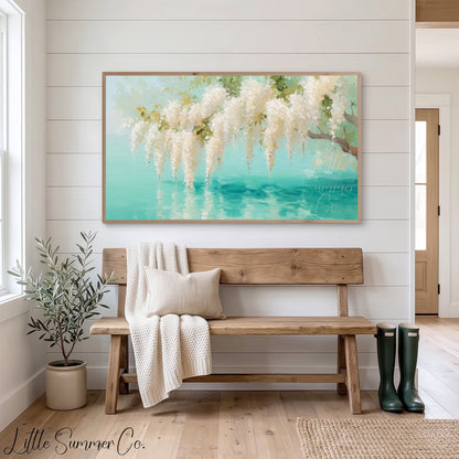 White Wisteria Teal Pond Reflection Frame TV Art displayed on a TV