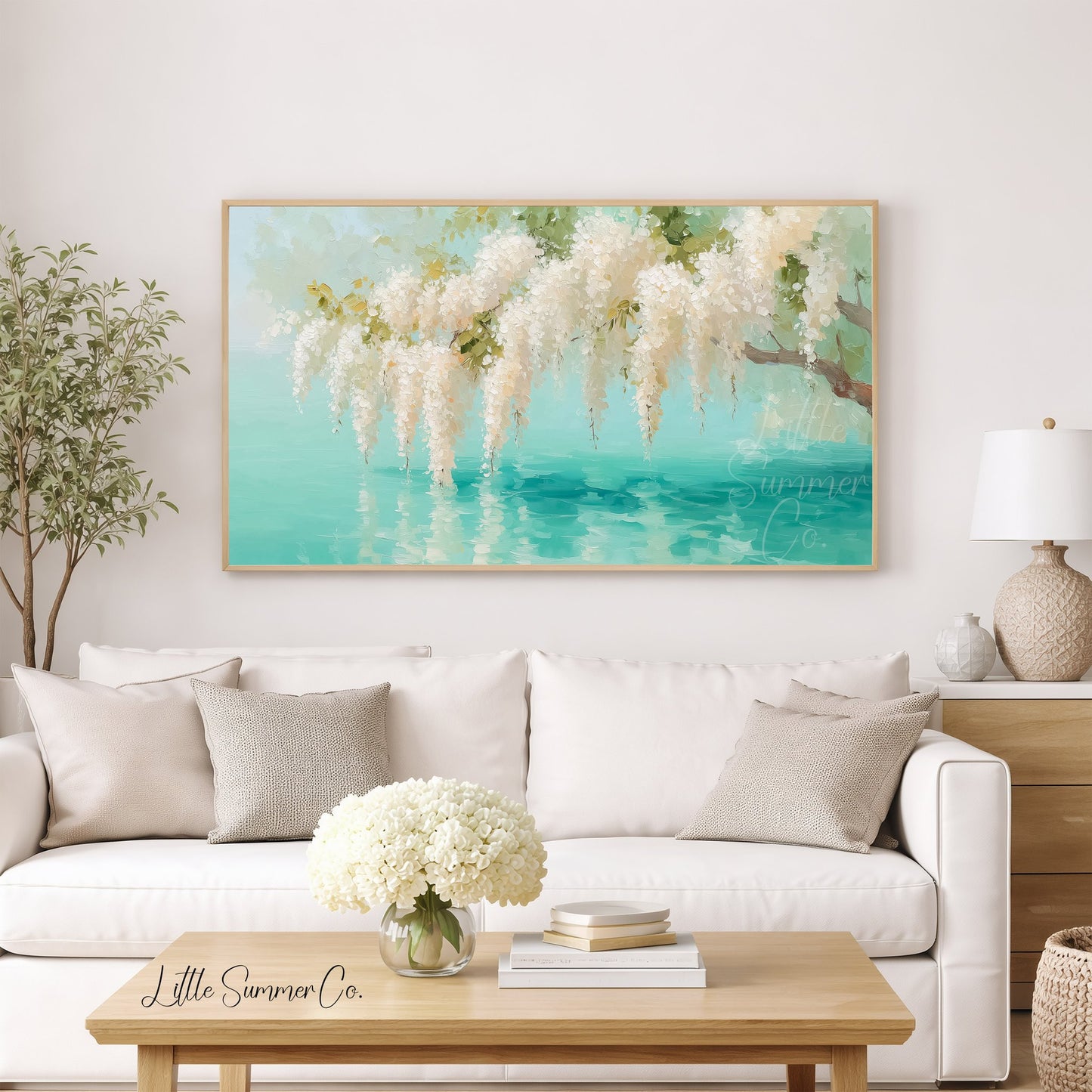 White Wisteria Teal Pond Reflection Frame TV Art displayed on a TV