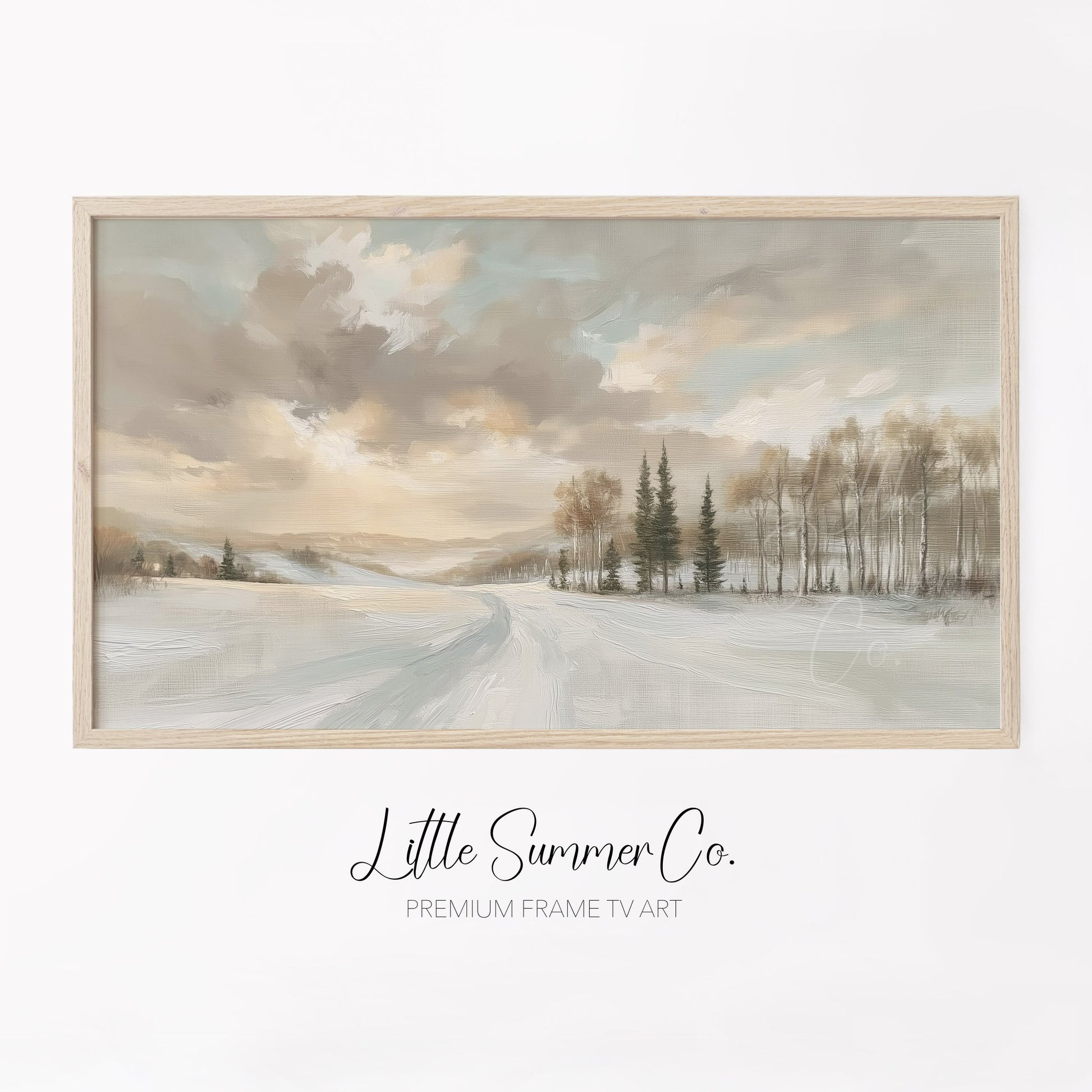 Snowy Road and Pines Frame TV Art displayed on a TV