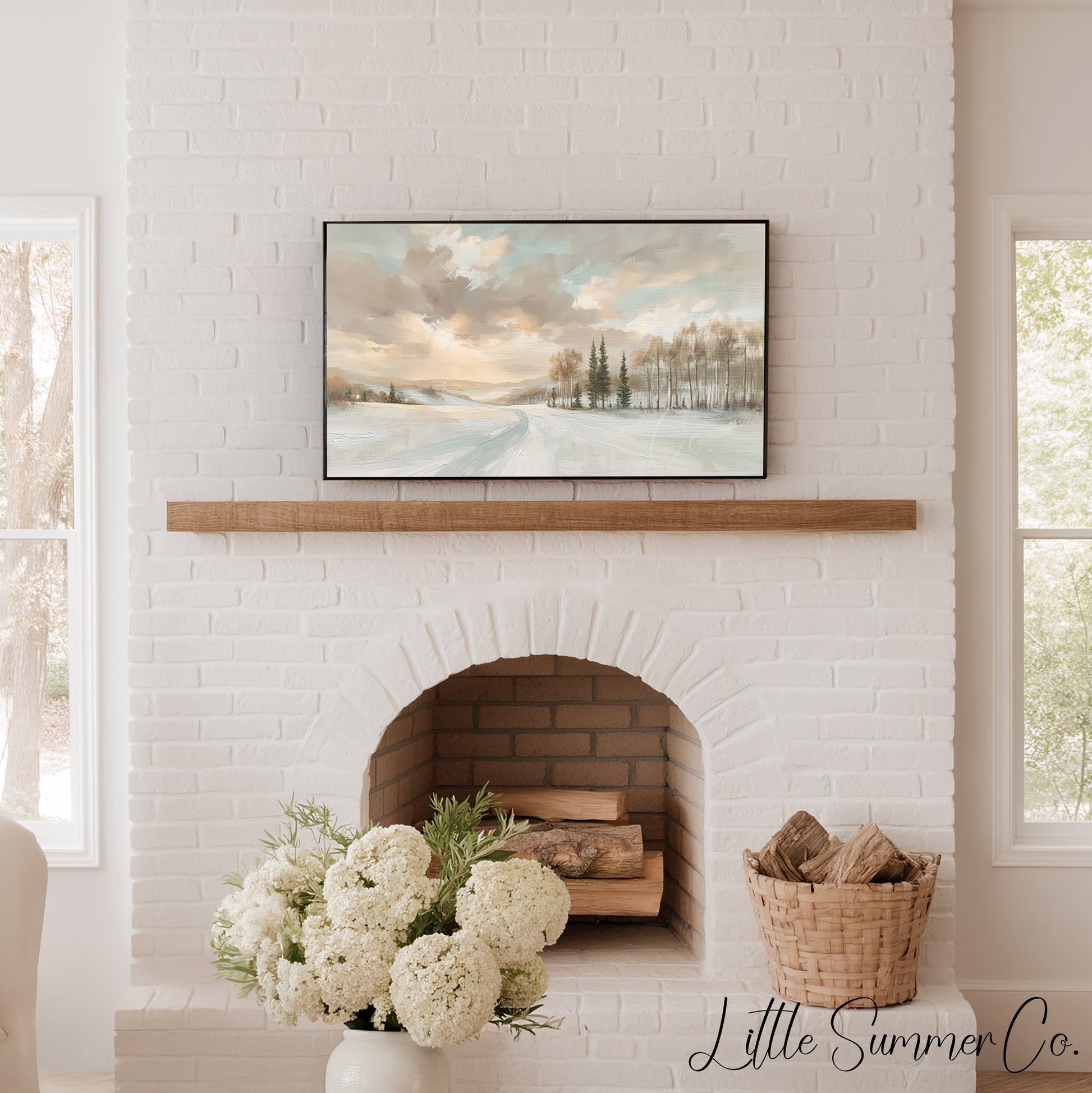 Snowy Road and Pines Frame TV Art displayed on a TV