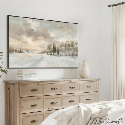 Snowy Road and Pines Frame TV Art displayed on a TV