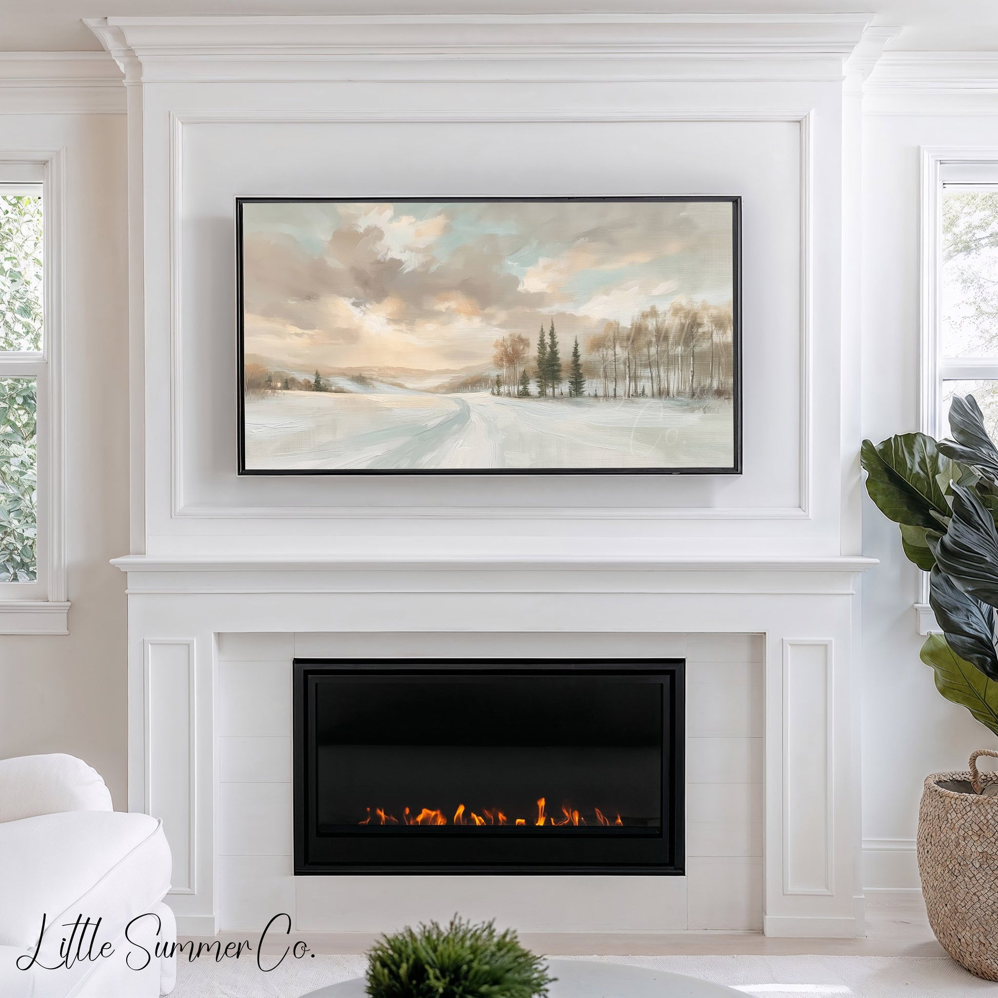 Snowy Road and Pines Frame TV Art displayed on a TV