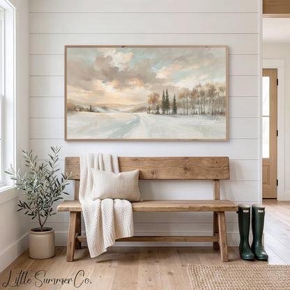 Snowy Road and Pines Frame TV Art displayed on a TV