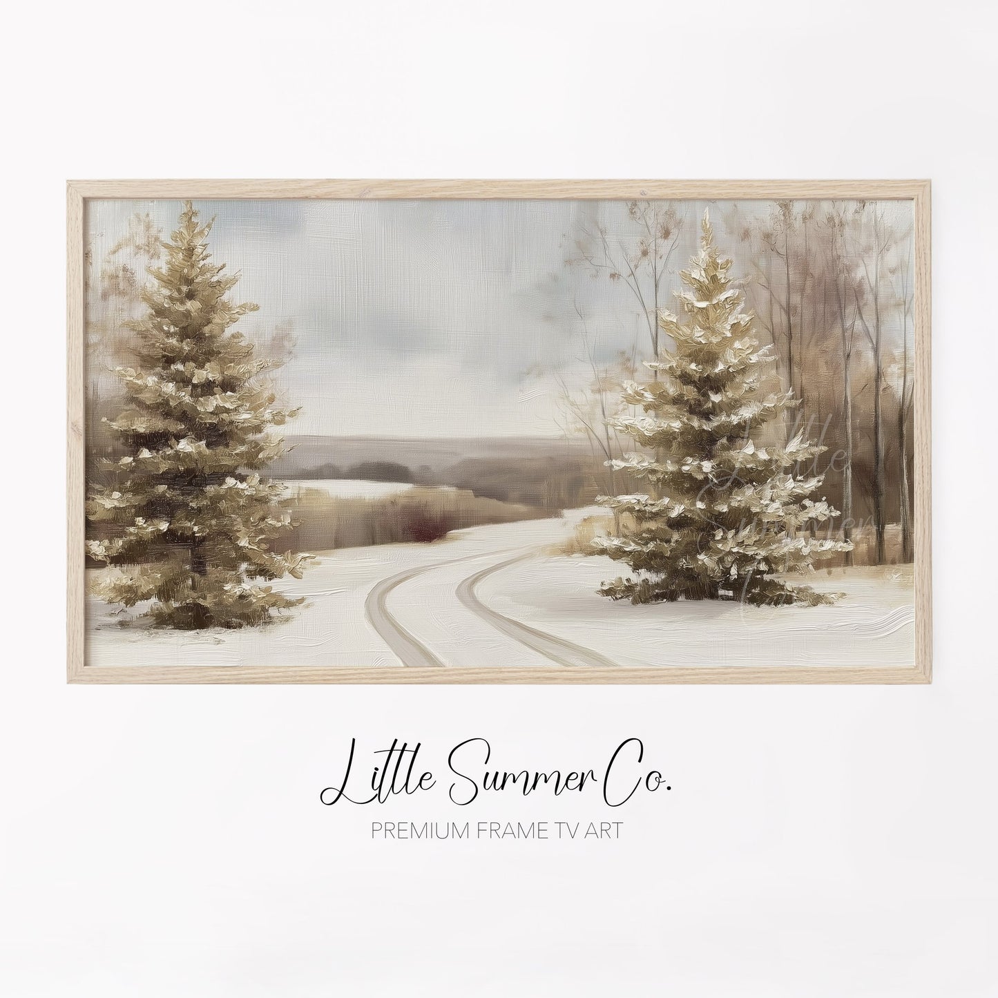 Winter Road Pine Trees Frame TV Art displayed on a TV