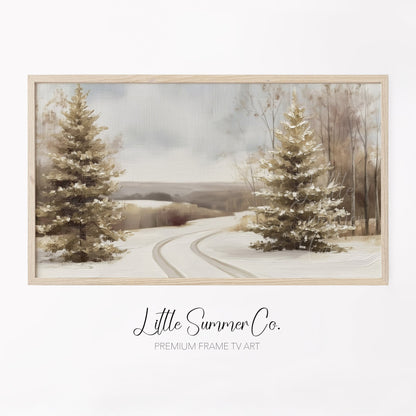 Winter Road Pine Trees Frame TV Art displayed on a TV