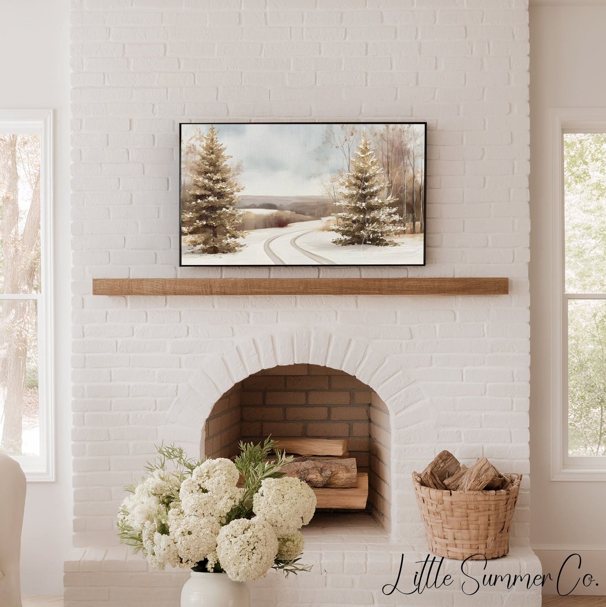 Winter Road Pine Trees Frame TV Art displayed on a TV