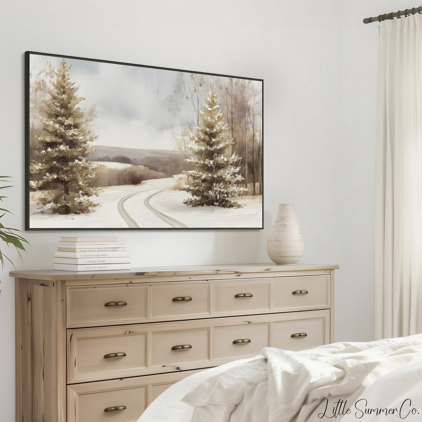 Winter Road Pine Trees Frame TV Art displayed on a TV