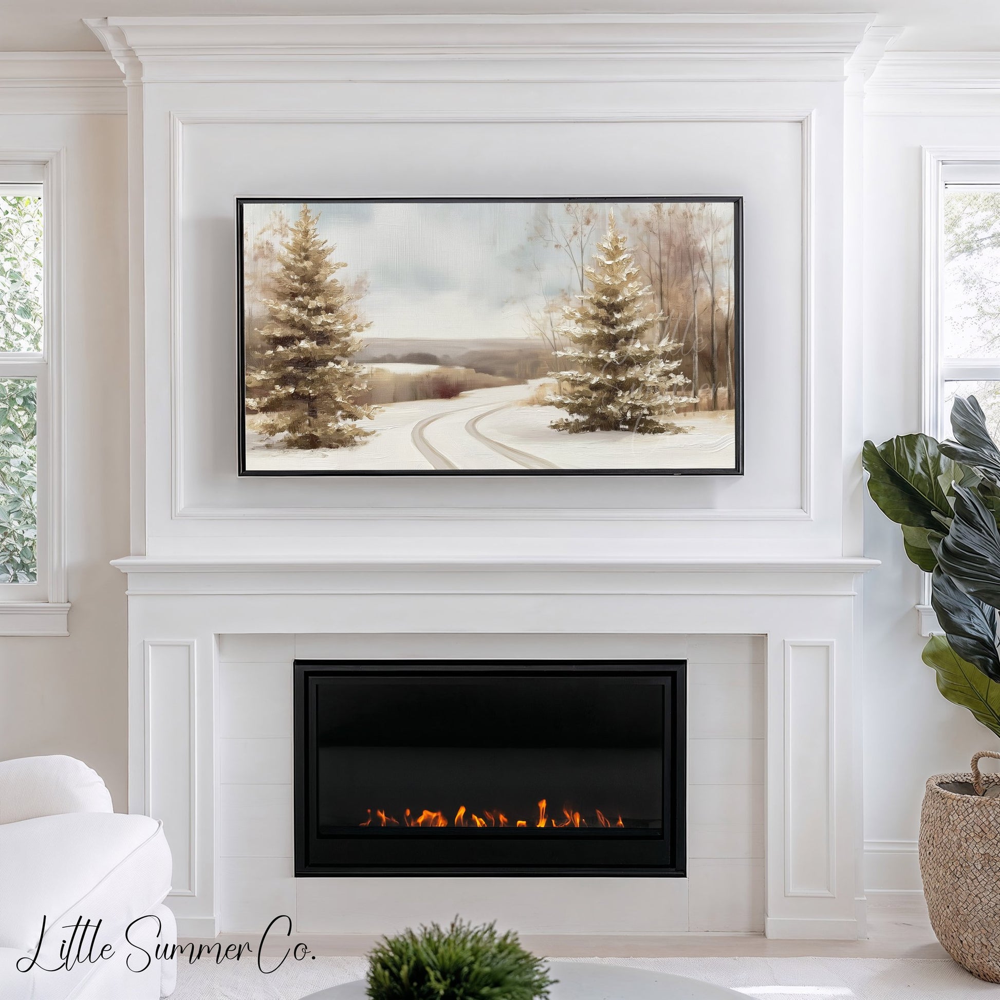 Winter Road Pine Trees Frame TV Art displayed on a TV