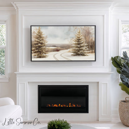 Winter Road Pine Trees Frame TV Art displayed on a TV