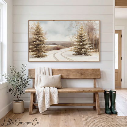 Winter Road Pine Trees Frame TV Art displayed on a TV