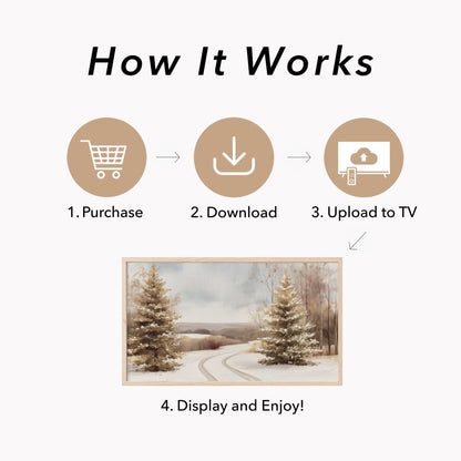 Winter Road Pine Trees Frame TV Art displayed on a TV