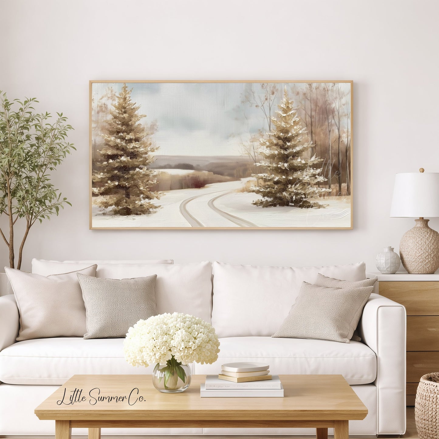 Winter Road Pine Trees Frame TV Art displayed on a TV