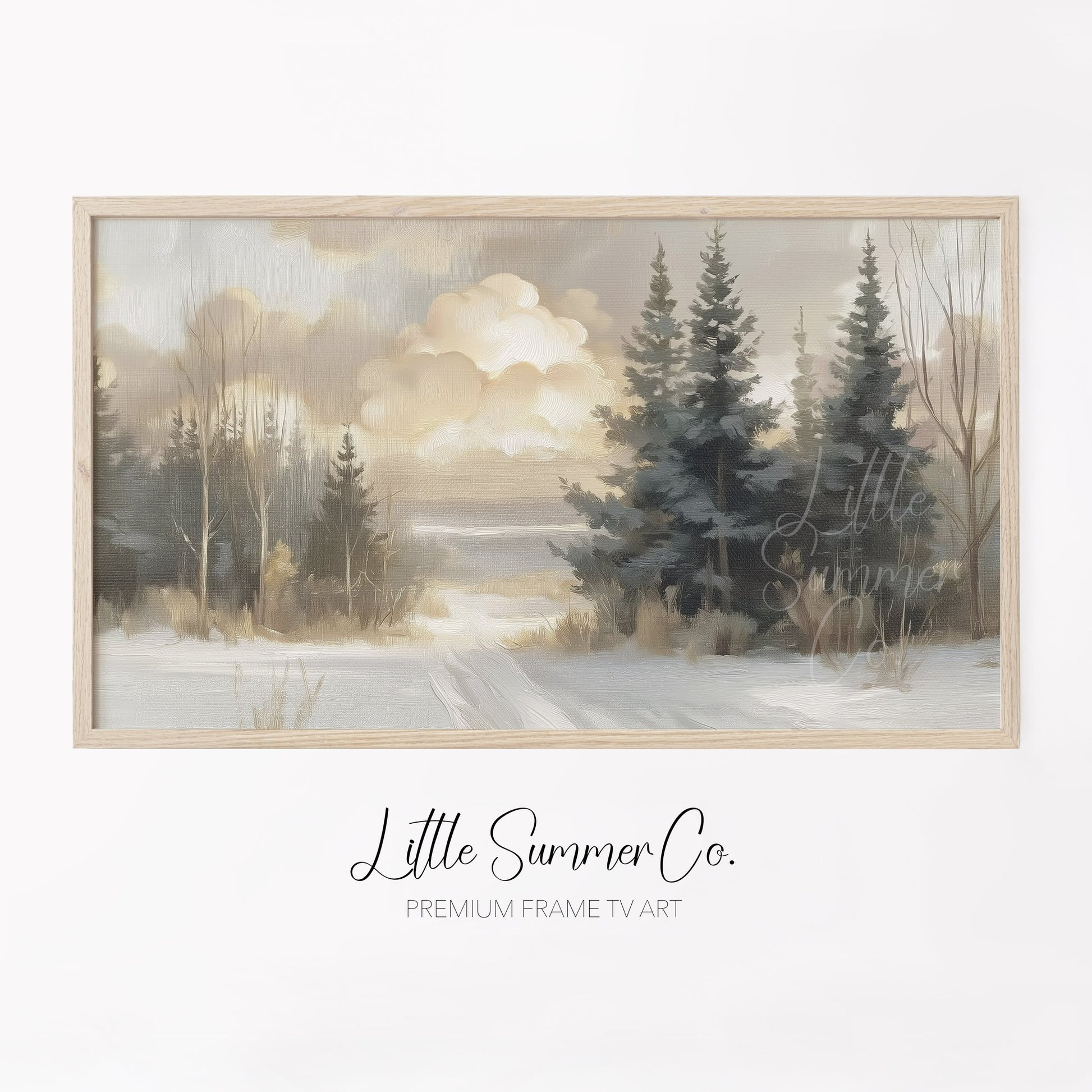 Snowy Pine Path Frame TV Art displayed on a TV
